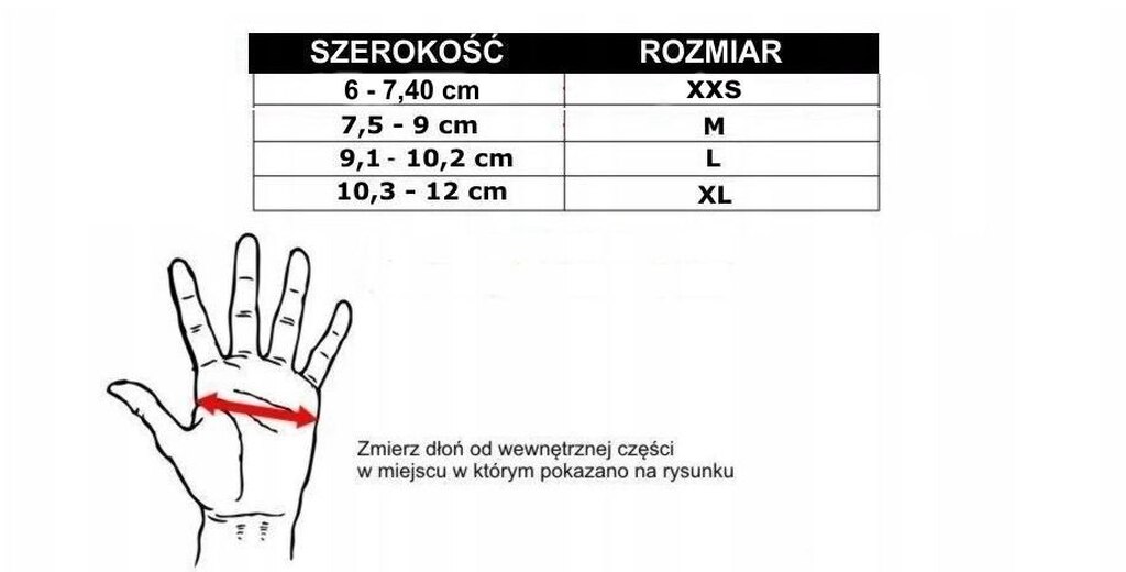 Rękawice MMA Bushido E1v8 tabela rozmiarów
